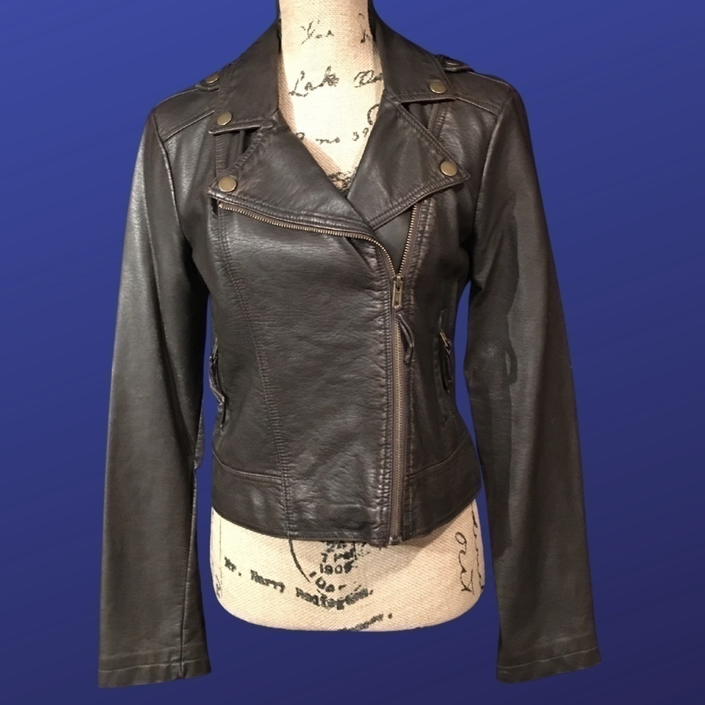 SAY WHAT?  Faux Leather Cropped Moto Biker Jacket, BROWN, Women’s L, VGUC